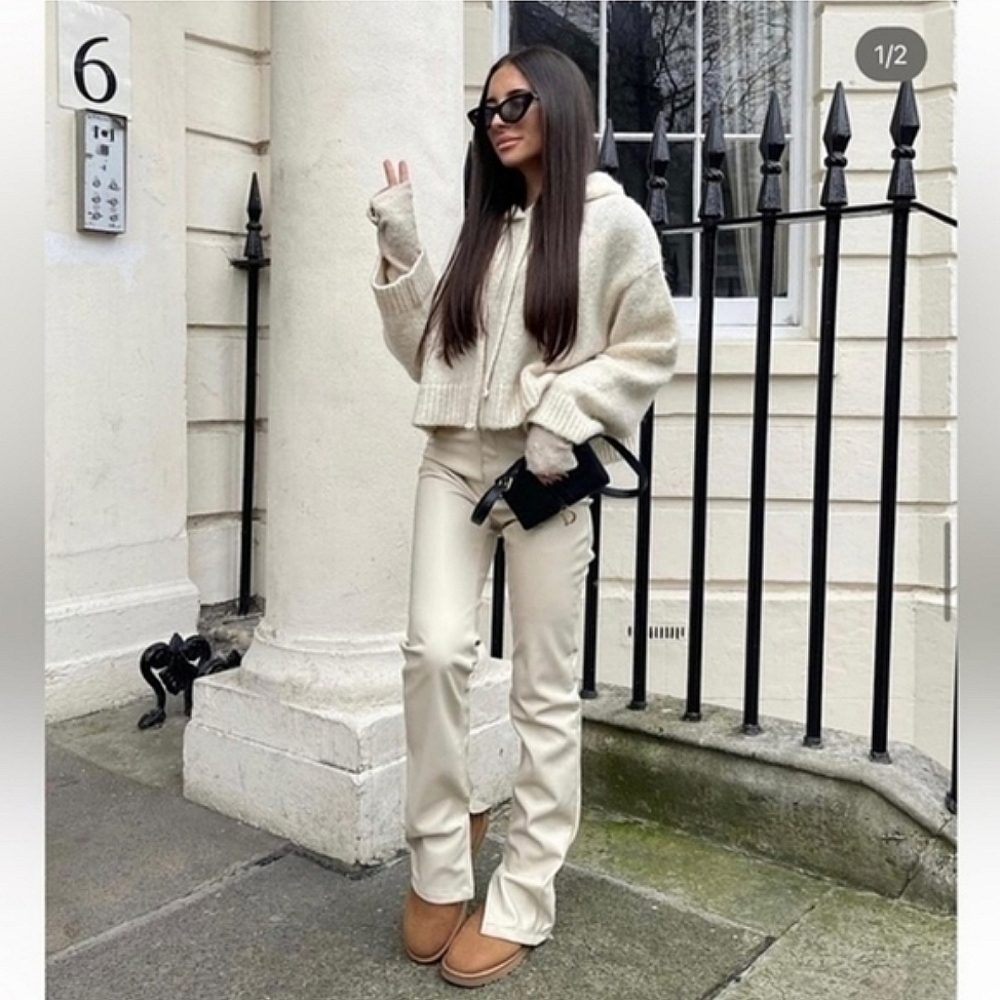 Zara * Faux Leather Cream Pants Slit - Picture 3 of 16